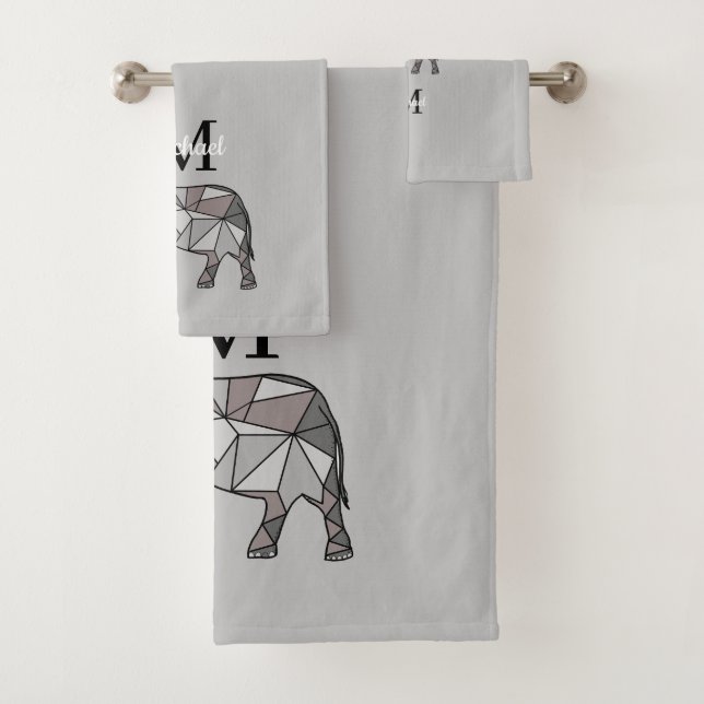 Monogram Cute Graphics Elephant Personalized Black Bath Towel Set (Insitu)