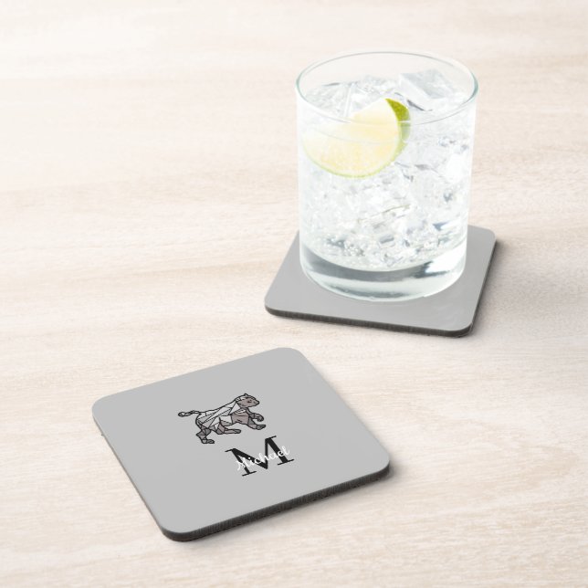 Monogram Cute Graphics Personalized Black Cet Coaster (Right Side)