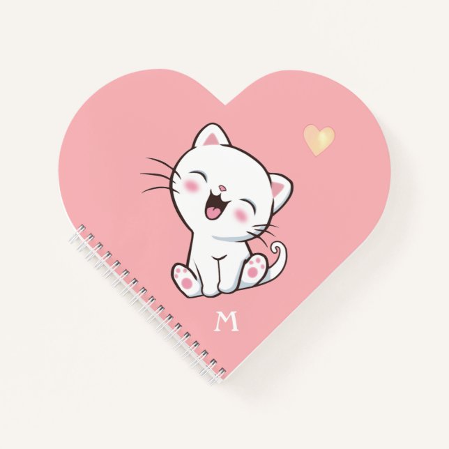 Monogram & Cute Kitty Cat on Light Pink Notebook (Front)
