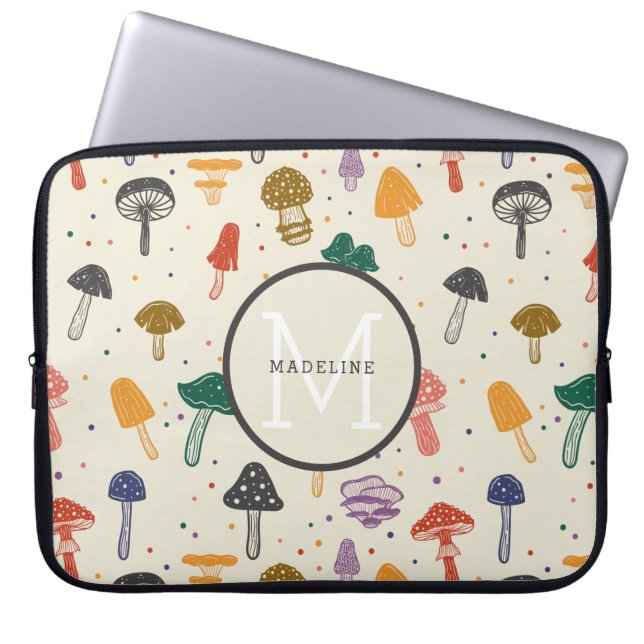 Monogram Cute Mushroom Pattern Modern Trendy Style Laptop Sleeve (Front)