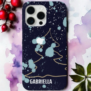 Monogram cute navy blue gold white snow tree name iPhone 15 pro max case