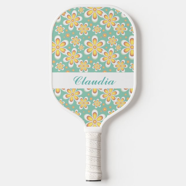 Monogram cute orange flowers on green pickleball paddle (Front)