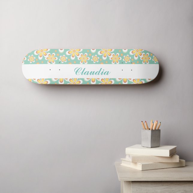 Monogram cute orange flowers on green skateboard (Wall Art (Horz))