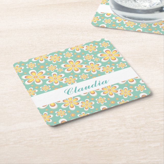 Monogram cute orange flowers on green square paper coaster (Angled)