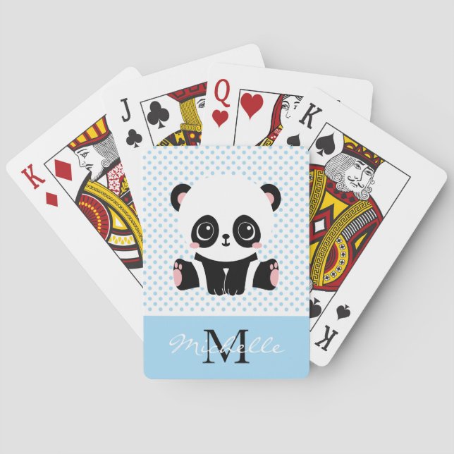 Monogram Cute Panda Bear Personalized Polka Dot Playing Cards (Back)
