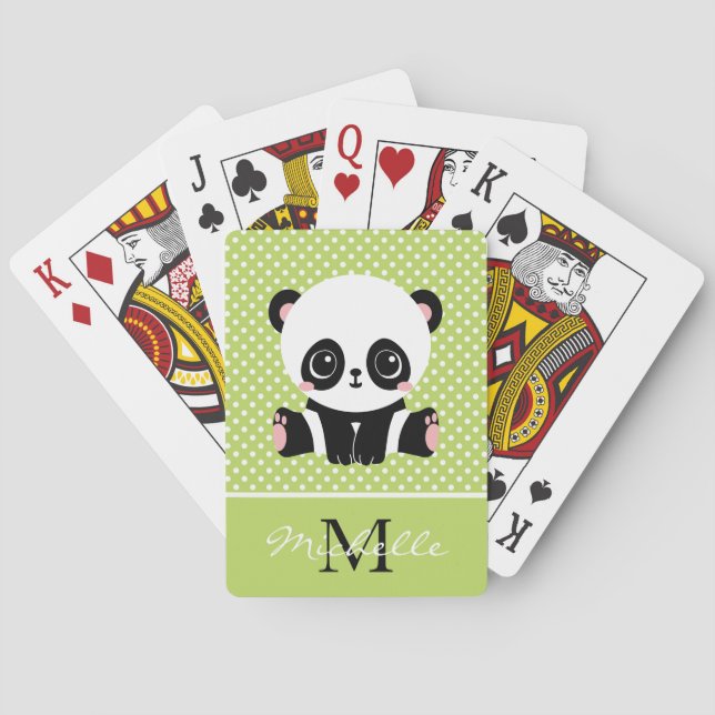 Monogram Cute Panda Bear Personalized Polka Dot Playing Cards (Back)