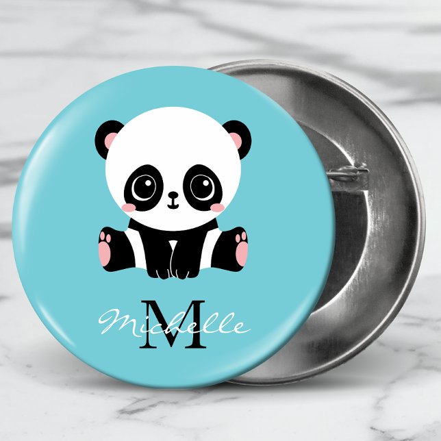 Monogram Cute Panda Personalized Bubble Gum Blue 2 Inch Round Button (Creator Uploaded)