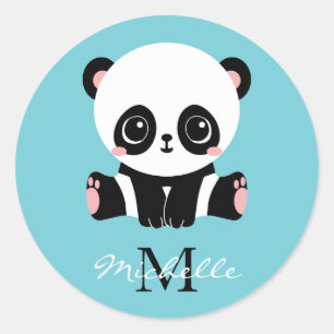 Monogram Cute Panda Personalized Bubble Gum Blue Classic Round Sticker