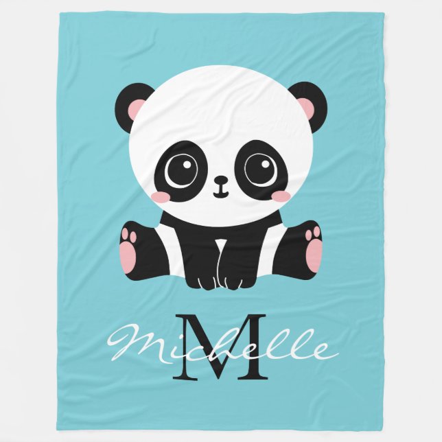 Monogram Cute Panda Personalized Bubble Gum Blue Fleece Blanket (Front)