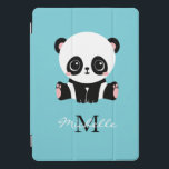 Monogram Cute Panda Personalized Bubble Gum Blue iPad Pro Cover<br><div class="desc">A cute panda bear sitting on the floor on a bubble gum blue background. Personalize with your monogram and name or delete text in text boxes for no name.</div>