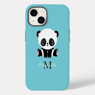 Monogram Cute Panda Personalized Bubble Gum Blue iPhone 14 Case