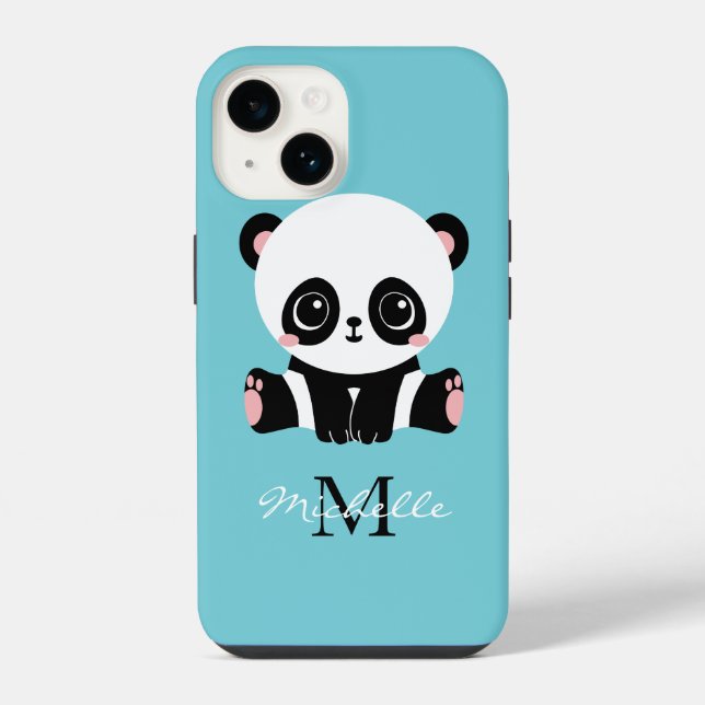Monogram Cute Panda Personalized Bubble Gum Blue iPhone Case (Back)