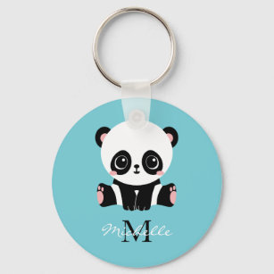 Monogram Cute Panda Personalized Bubble Gum Blue Keychain
