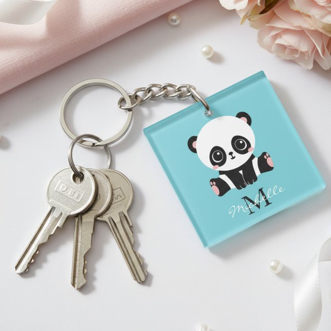 Monogram Cute Panda Personalized Bubble Gum Blue Keychain (Creator Uploaded)