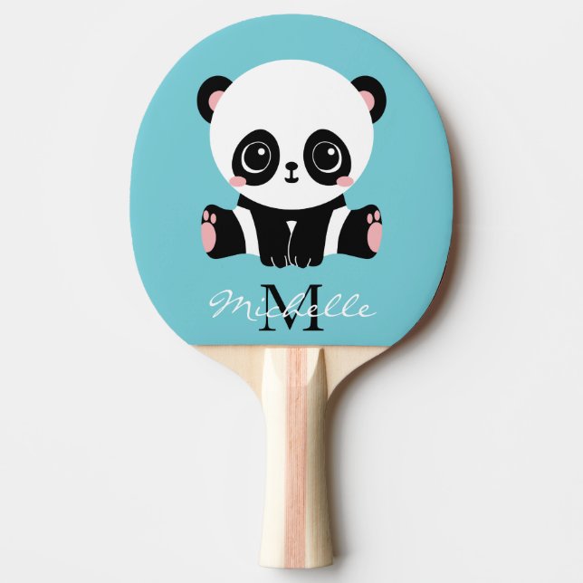 Monogram Cute Panda Personalized Bubble Gum Blue Ping Pong Paddle (Front)