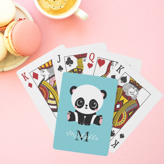 Monogram Cute Panda Personalized Bubble Gum Blue Playing Cards (Creator Uploaded)