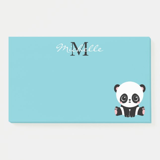 Monogram Cute Panda Personalized Bubble Gum Blue Post-it Notes (Front)