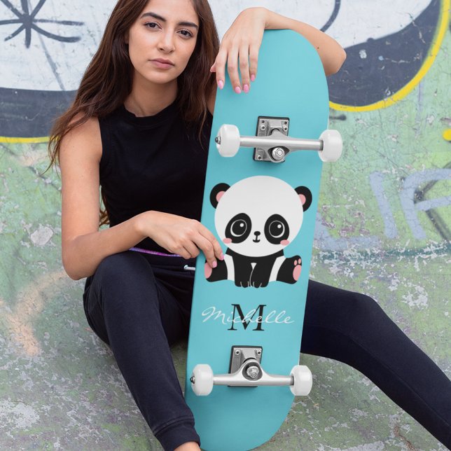 Monogram Cute Panda Personalized Bubble Gum Blue Skateboard (Creator Uploaded)