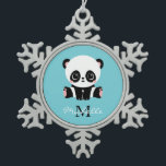 Monogram Cute Panda Personalized Bubble Gum Blue Snowflake Pewter Christmas Ornament<br><div class="desc">A cute panda bear sitting on the floor on a bubble gum blue background. Personalize with your monogram and name or delete text in text boxes for no name.</div>