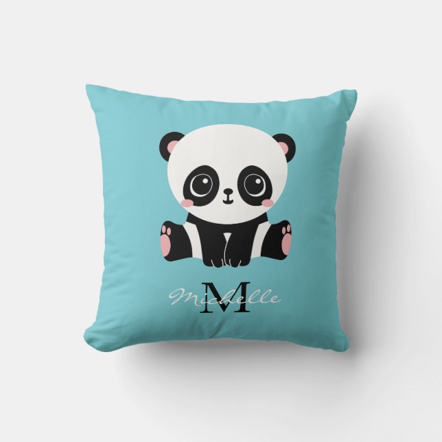 Monogram Cute Panda Personalized Bubble Gum Blue Throw Pillow (Front)