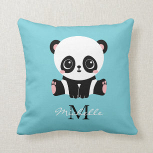 Monogram Cute Panda Personalized Bubble Gum Blue Throw Pillow