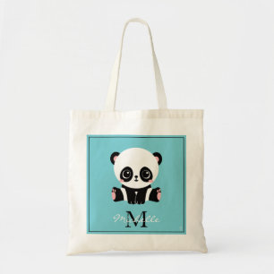 Monogram Cute Panda Personalized Bubble Gum Blue Tote Bag