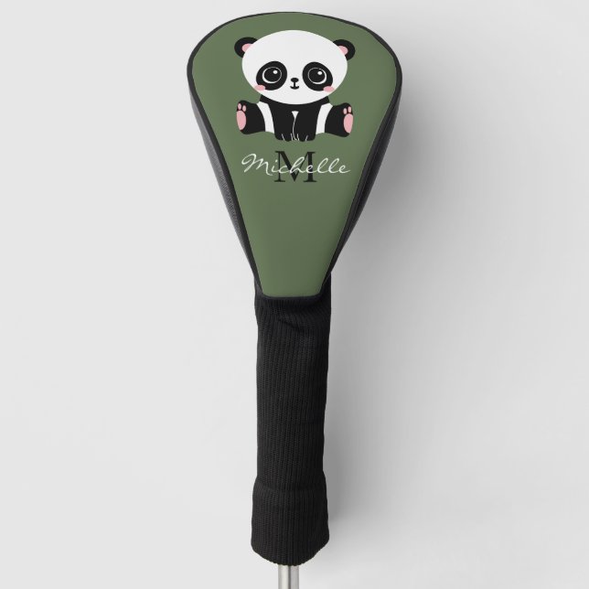 Monogram Cute Panda Personalized Name Green Golf Head Cover (Front)