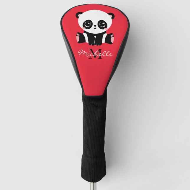 Monogram Cute Panda Personalized Name Pink Golf Head Cover (Front)