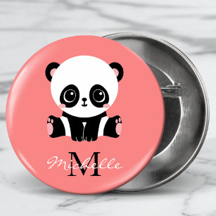 Monogram Cute Panda Personalized Pink 2 Inch Round Button