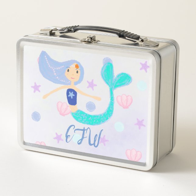Monogram Cute Pastel Periwinkle Mermaid Princess Metal Lunch Box (Front)