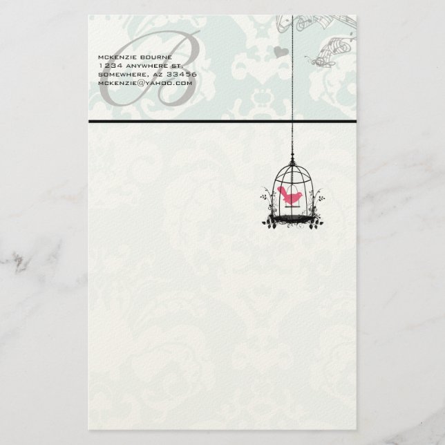 Monogram Cute Pink Bird in Birdcage Stationery (Front)