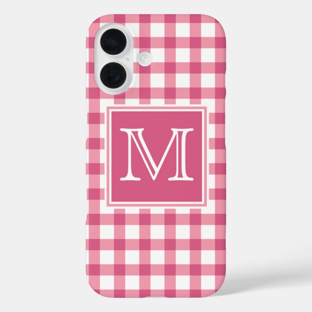 Monogram | Cute Pink Gingham Plaid Chequered Case-Mate iPhone Case (Back)