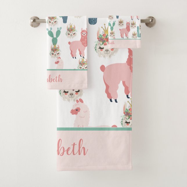 Monogram Cute Pink Llama's Green Cactus Trendy Bath Towel Set (Insitu)