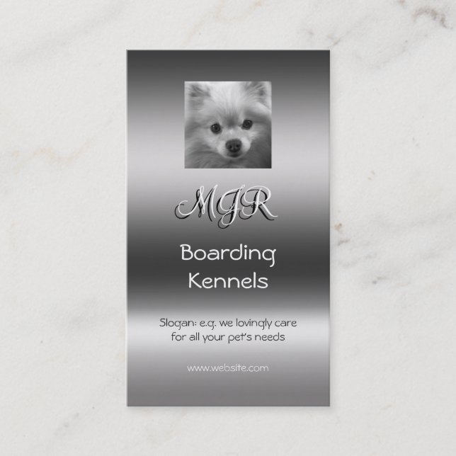 Monogram, Cute Pomeranian Puppy, metallic-effect Business Card (Front)