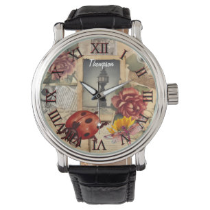 Monogram cute red ladybug Rustic vintage artwork Watch