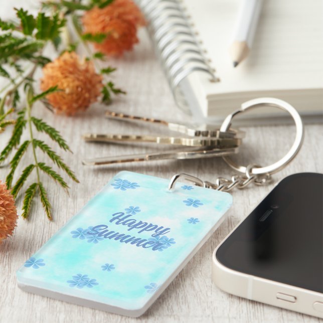 monogram cute retro blue floral initial script  keychain (Front Right)