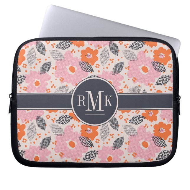 Monogram | Cute Retro Floral Pattern Laptop Sleeve (Front)