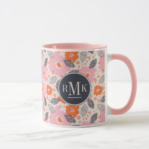 Monogram   Cute Retro Floral Pattern Mug