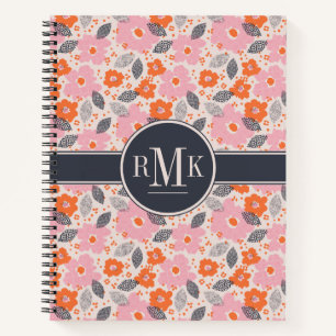 Monogram Cute Retro Floral Pattern Notebook