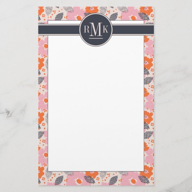Monogram | Cute Retro Floral Pattern Stationery (Front)