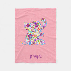 Monogram Cute Retro Flowers Cartoon Style Elephant Fleece Blanket