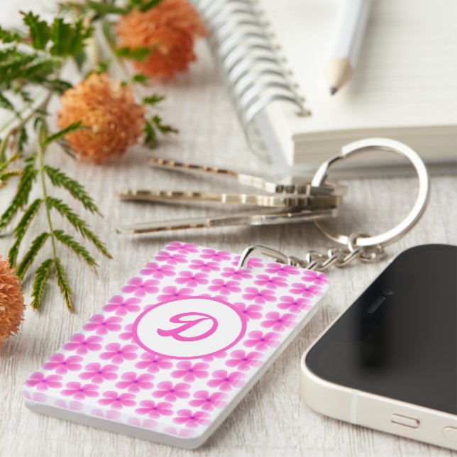 monogram cute retro pink floral initial custom keychain (Front Right)