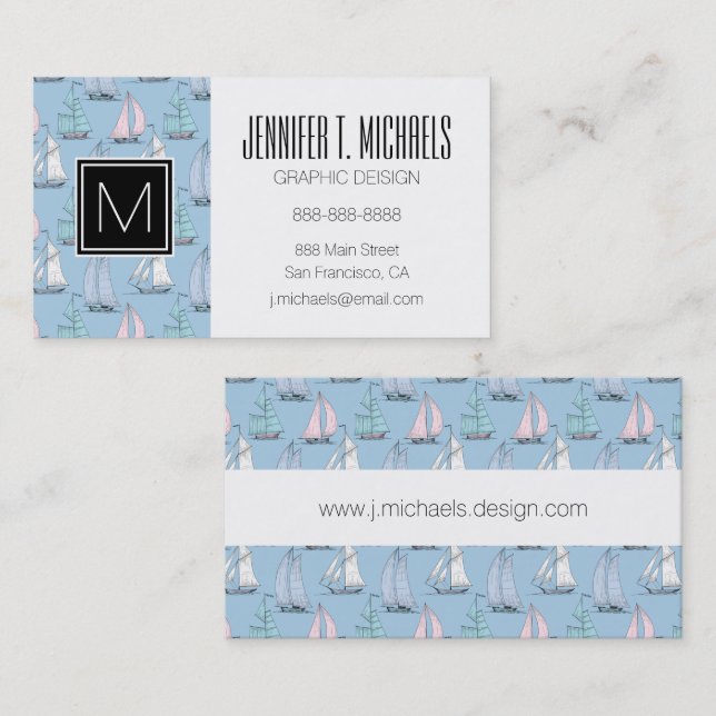 Monogram Cute Sailboat Pattern 1 Business Card (Front/Back)