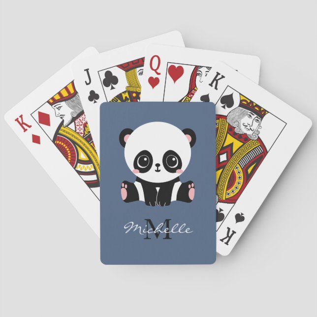 Monogram Cute Sitting Panda Personalized Blue Playing Cards (Back)