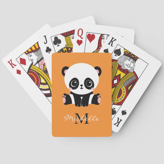 Monogram Cute Sitting Panda Personalized Orange Playing Cards (Back)