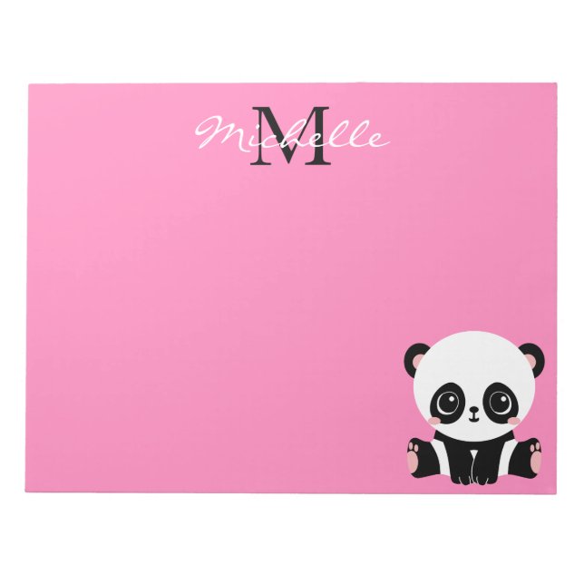 Monogram Cute Sitting Panda Personalized Pink Notepad (Front)