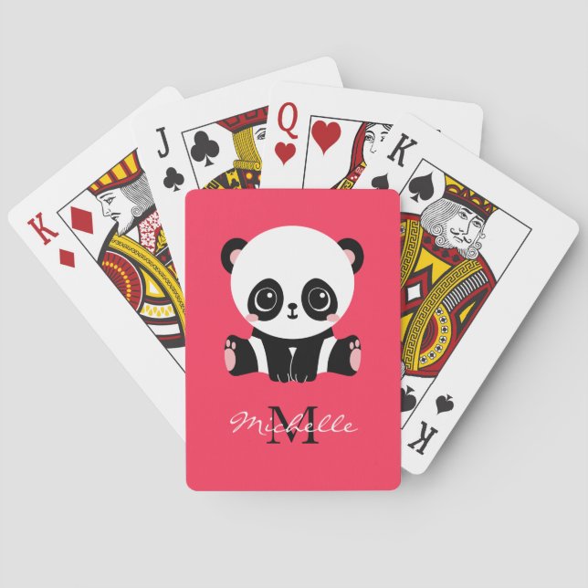 Monogram Cute Sitting Panda Personalized Pink Playing Cards (Back)