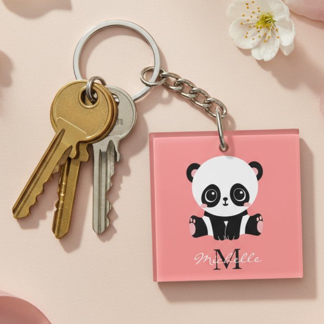Monogram Cute Sitting Panda Personalized Salmon Keychain (Creator Uploaded)