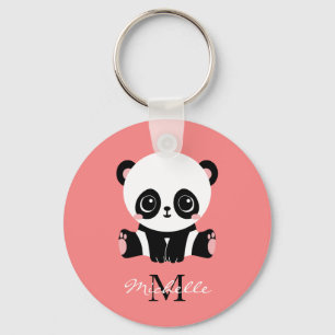 Monogram Cute Sitting Panda Personalized Salmon Keychain