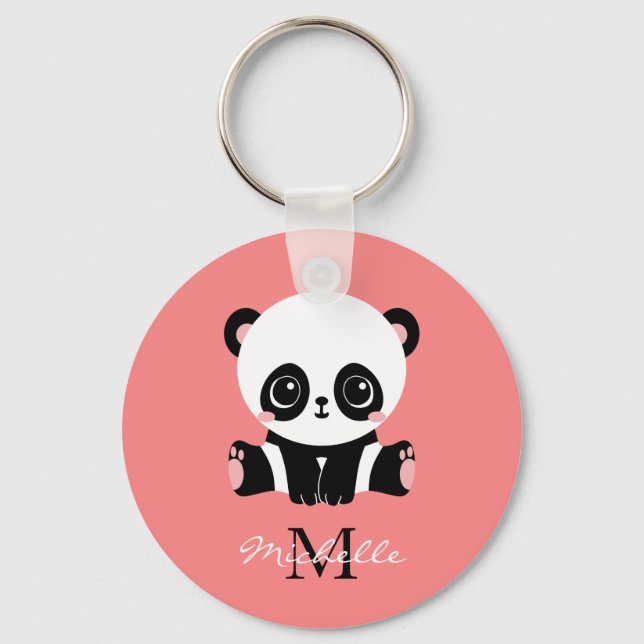Monogram Cute Sitting Panda Personalized Salmon Keychain (Front)